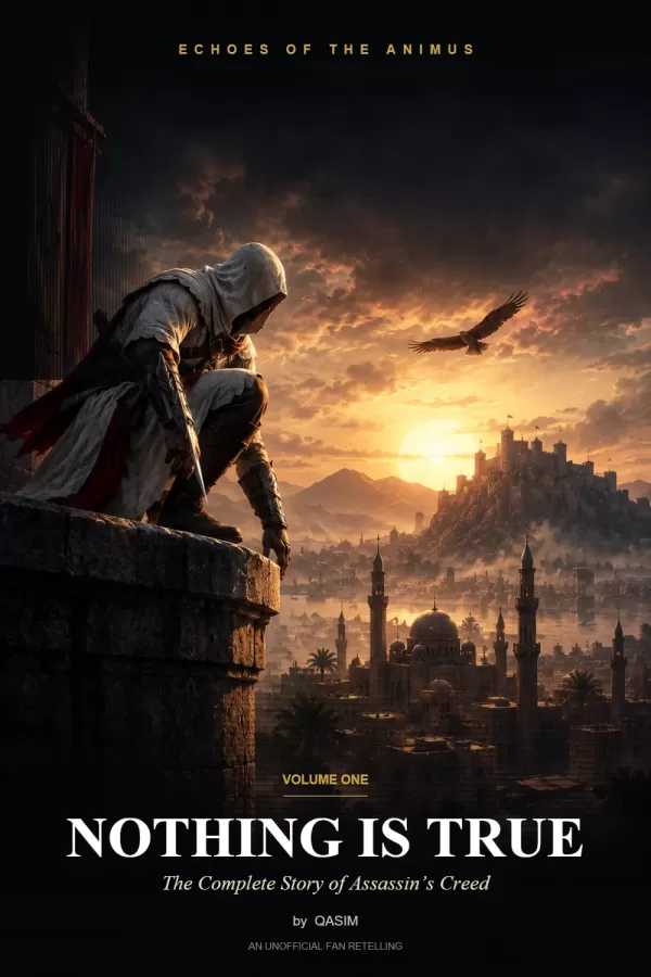 Hooded assassin crouching on a stone tower above a city at sunset, with an eagle in the sky