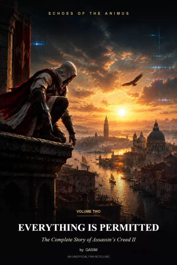 Hooded assassin crouching on a tower above Venice at sunset, with an eagle in the sky